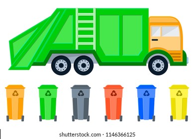 Vehicle garbage truck and dumpsters. Isolated on white background. Flat style vector illustration. Eps10 svg