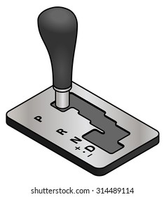 Vehicle gear stick: automatic transmission. Gear labels on left hand side. Park, reverse, neutral, drive, and gear up down adjustments.
