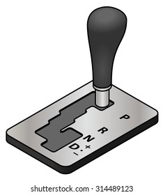 Vehicle gear stick: automatic transmission. Gear labels on right hand side. Park, reverse, neutral, drive, and gear up down adjustments.