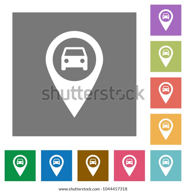 Vehicle GPS map location flat icons on simple\
color square\
backgrounds