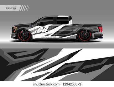 Vehicle graphic livery design vector. Abstract stripe racing background designs for wrap race car, pickup truk, rally, adventure vehicle.