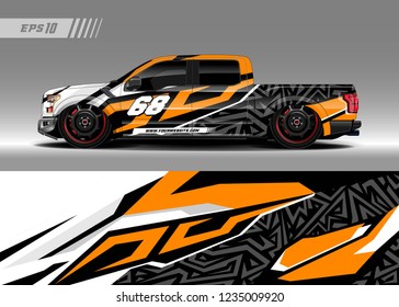 vehicle graphic livery design vector. Graphic abstract stripe racing background designs for wrap cargo van, race car, pickup truk, adventure vehicle.