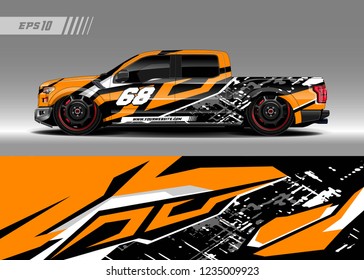 vehicle graphic livery design vector. Graphic abstract stripe racing background designs for wrap cargo van, race car, pickup truk, adventure vehicle.