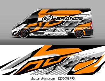 vehicle graphic livery design vector. Graphic abstract stripe racing background designs for wrap cargo van, race car, pickup truk, adventure vehicle.