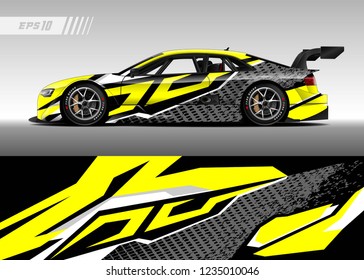 vehicle graphic livery design vector. Graphic abstract stripe racing background designs for wrap cargo van, race car, pickup truk, adventure vehicle.