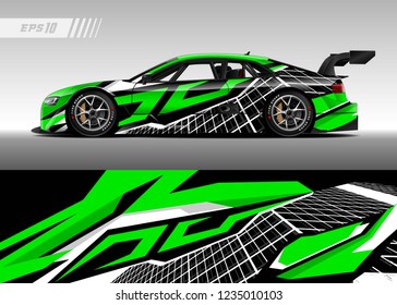 vehicle graphic livery design vector. Graphic abstract stripe racing background designs for wrap cargo van, race car, pickup truk, adventure vehicle.