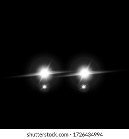 Vehicle headlight. Front view beam of lights. Vector illustration isolated on dark background