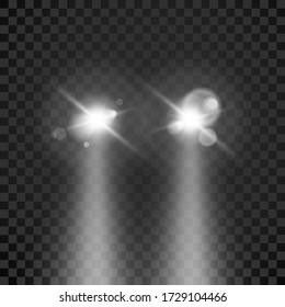 Vehicle headlight. Front view beam of lights. Vector illustration isolated on transparent background