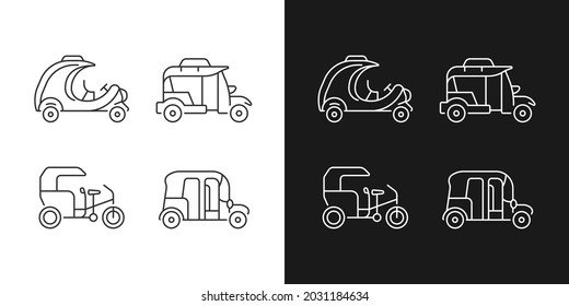 Vehicle for hire linear icons set for dark and light mode. Bicitaxi. Three-wheel bicycle. Tourist transportation. Customizable thin line symbols. Isolated vector outline illustrations. Editable stroke