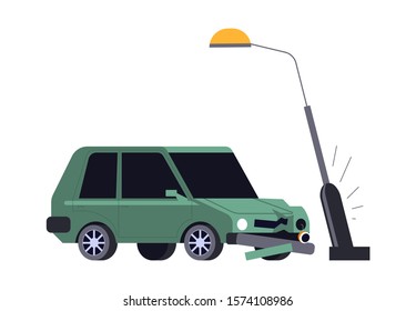 Vehicle hits city streetlight, car crash or accident, broken transport isolated icon vector. Careless or drunk driving, danger on road, hood damage. Automobile wreckage and collision, insurance case