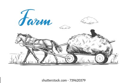The vehicle with a horse and hay in sketch style. Farm landscape. Countryside. Farm food concept . Vector hand drawn illustration