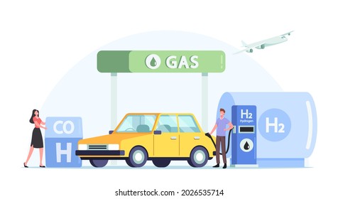 Servicio de llenado de combustible de hidrógeno para vehículos, Energía verde, biodiésel. Caracteres de conductor que rechazan el concepto de coche en la estación. Hombre bombeando gasolina H2 para cargar auto, dibujos animados e iluminación vectorial