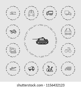Vehicle icon. collection of 13 vehicle outline icons such as plane taking off, toy car, truck, exercise bike, tank, tractor, crane. editable vehicle icons for web and mobile.