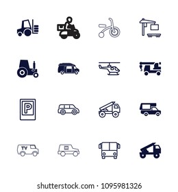 Vehicle icon. collection of 16 vehicle filled and outline icons such as truck with hook, van, truck rocket, airport bus, parking. editable vehicle icons for web and mobile.