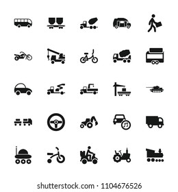 Vehicle icon. collection of 25 vehicle filled icons such as tractor, concrete mixer, truck with hook, truck, cargo wagon, courier. editable vehicle icons for web and mobile.