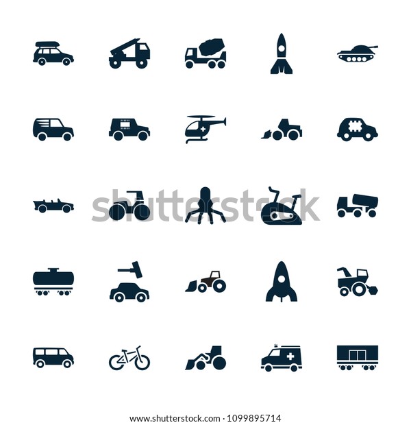 Vehicle icon. collection of 25\
vehicle filled icons such as rocket, van, car wash, concrete mixer,\
excavator, ambulance. editable vehicle icons for web and\
mobile.