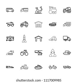 Vehicle icon. collection of 25 vehicle outline icons such as garage, bike, boat, exercise bike, van, concrete mixer, tractor, truck. editable vehicle icons for web and mobile.