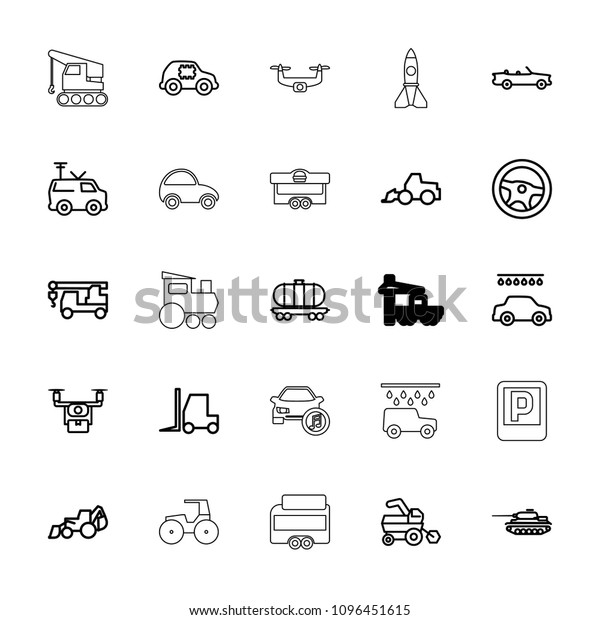 Vehicle icon.\
collection of 25 vehicle outline icons such as tractor, car wash,\
excavator, truck with hook, wheel, cpu in car. editable vehicle\
icons for web and\
mobile.