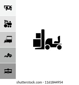 Vehicle icon. collection of 6 vehicle filled icons such as trailer, van, train toy, forklift, excavator. editable vehicle icons for web and mobile.