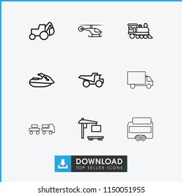 Vehicle icon. collection of 9 vehicle outline icons such as excavator, truck, locomotive, cargo truck, jet ski, helicopter. editable vehicle icons for web and mobile.