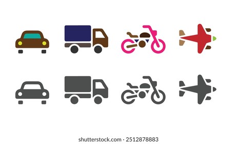 Vehicle icon flat set vector illustration. Vehicle icon vector with Car, Truck, Bike and Plane icon.  Vehicle logo set colorful. Vehicles vector isolated on white background.