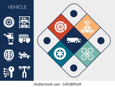 vehicle icon set. 13 filled vehicle icons.  Collection Of - Cargo truck, Electronic key, Handlebar, Pedal, Trailer, Helicopter, Caravan, Bicycle, Parkings, Car, Brake disc, Wheels