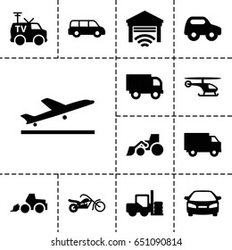 Vehicle Icon. Set Of 13 Filled Vehicleicons Such As Plane Taking Off, Forklift, Toy Car, Car, Excavator, Tv Van, Garage, Motorcycle, Helicopter