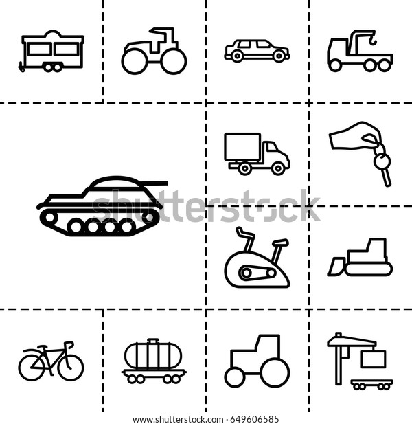 Vehicle icon. set of\
13 outline vehicle icons such as tractor, truck with hook, trailer,\
bicycle, cargo wagon, cargo truck, delivery car, hand with key,\
tank, exercise bike