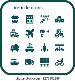  vehicle icon set. 16 filled vehicle icons. Simple modern icons about  - Train, Jam, Blower, Train station, Ice cream van, Plane, Wheel pressure, Tractor, Tank, Electric car, Rocket