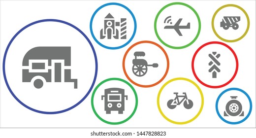 vehicle icon set. 9 filled vehicle icons.  Simple modern icons about  - Caravan, Rocket, Aeroplane, Bus, Bike, Rickshaw, Road sign, Dump truck, Wheel