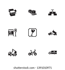 Vehicle icon set and ambulance with conveyor, gasoline pipe and bike. Valve related vehicle icon vector for web UI logo design.