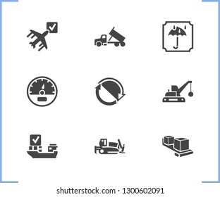 Vehicle icon set and bulldozer with dump truck, ship by air and speedometer. Gauge related vehicle icon vector for web UI logo design.