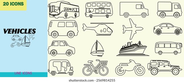 Vehicle icon set car, van, bus, boat, bike, cycle, lorry, jeep, three-wheel