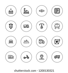 Vehicle Icon Set. Collection Of 16 Outline Vehicle Icons With Boat, Bicycle, Bumper Car, Car, Bus, Chassis, Delivery Truck, Gauge, Garbage Truck, Loader, Parking, Train Icons.