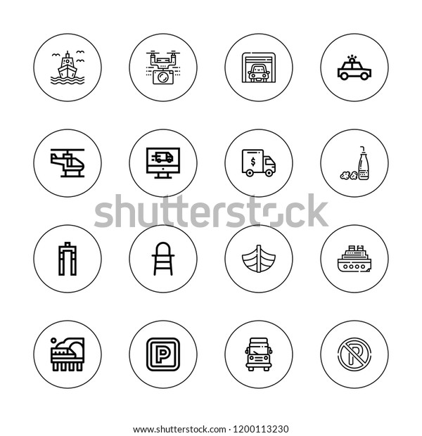 Vehicle icon set.\
collection of 16 outline vehicle icons with baby chair, boat,\
bicycle fork, delivery truck, drone, delivery, garage, helicopter,\
ethanol, no parking\
icons.