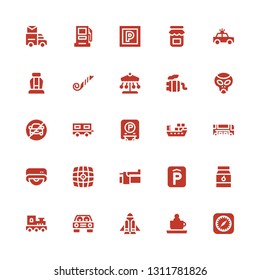 vehicle icon set. Collection of 25 filled vehicle icons included Safari, Ride, Rocket launch, Car, Train, Jam, Parking, Brake, Vehicle, Drive, Bus, Ship, Trailer, No parking, Alien