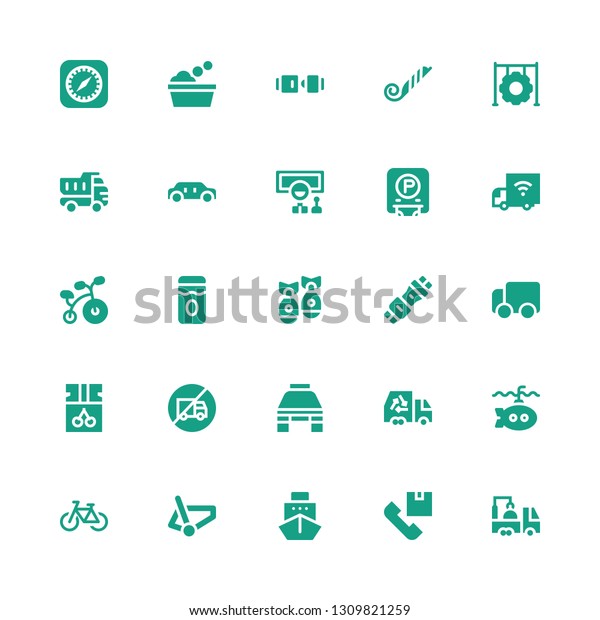 vehicle icon\
set. Collection of 25 filled vehicle icons included Truck,\
Shipping, Ship, Bicycle, Submarine, Taxi, No trucks, Jam, Delivery\
truck, Seat belt, Missile, Parking,\
Wheel