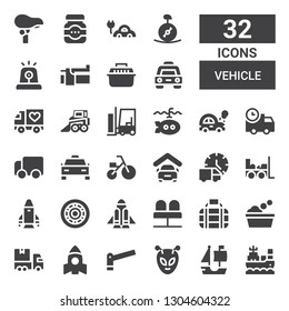 vehicle icon set. Collection of 32 filled vehicle icons included Boat, Ship, Alien, Parking, Rocket, Delivery truck, Washing, Transport, Seats, Rocket launch, Wheel, Forklift