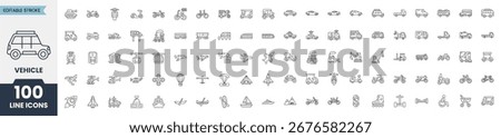 Vehicle icon set. Containing car, plane, bike, boat, truck, train, forklift, bicycle, motorbike, bus, rocket, flight, scooter, tractor and more. Editable stroke. Vector illustration