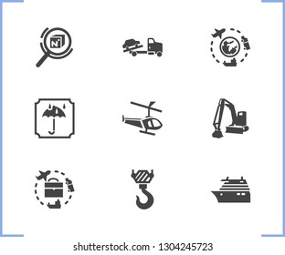 Vehicle icon set and cruise ship with global logistics service, keep dry sign and towing truck. Chopper related vehicle icon vector for web UI logo design.