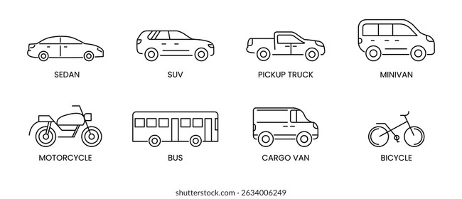 Vehicle Icon Set featuring Sedan, SUV, Pickup Truck, Minivan, Motorcycle, Bus and Bicycle. Clean vector illustrations perfect for transportation apps, car rental websites and automotive projects.