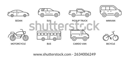 Vehicle Icon Set featuring Sedan, SUV, Pickup Truck, Minivan, Motorcycle, Bus and Bicycle. Clean vector illustrations perfect for transportation apps, car rental websites and automotive projects.