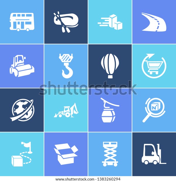 Vehicle icon set and forklift with backhoe,\
delivery destination and cable car. Autobus related vehicle icon\
vector for web UI logo\
design.