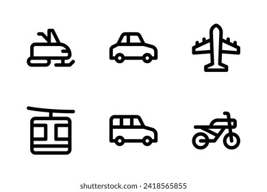 Vehicle icon set including snowmobile, sedan, airplane, cable car, family car, and motorcycle.