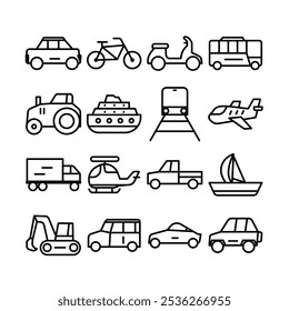Vehicle icon set, line art