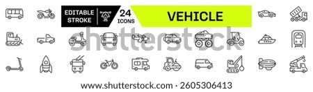 Vehicle icon set. Linear style. Editable Stroke.