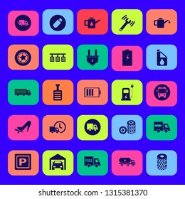 vehicle icon set with oil truck, private garage and car wheel vector illustration