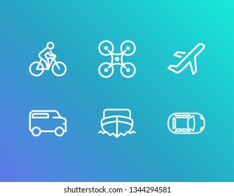 Vehicle icon set and plane with car top view, boat and bike cyclist. Truck related vehicle icon vector for web UI logo design.