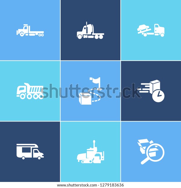 Vehicle icon set and semitruck with on time\
delivery, campervan and flatbed truck. Distribution related vehicle\
icon vector for web UI logo\
design.