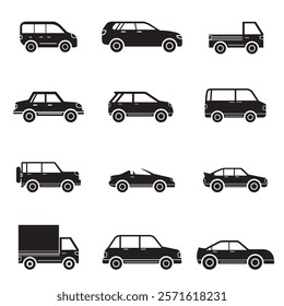 Vehicle icon set with simple black-and-white designs featuring cars, trucks, and buses. Ideal for transport, logistics, and automotive-themed projects.